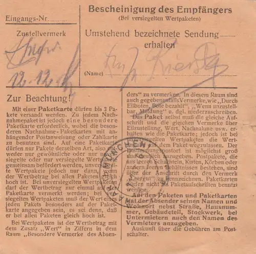 Paketkarte 1947: Dominial-Kanzlei Schwarzenberg Scheinfeld, Wertkarte