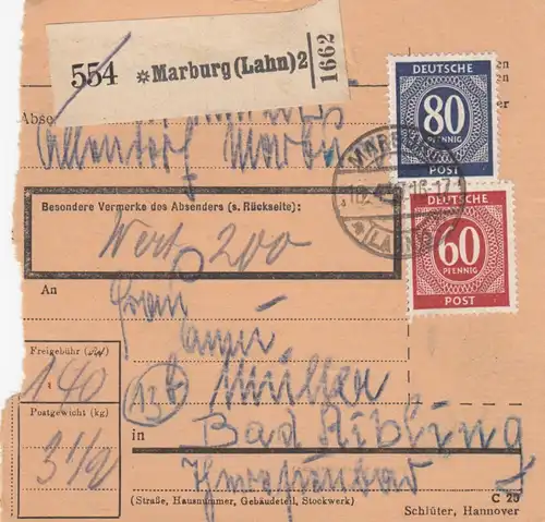 Carte de paquet 1947: Almdorf Marburg vers Bad Aibling, carte de valeur
