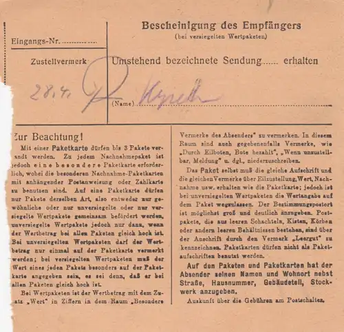 Carte de paquet 1947: Almdorf Marburg vers Bad Aibling, carte de valeur