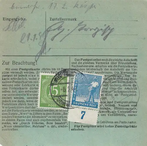 Carte de paquet 1948: Wuppertal-Vohwinkel n. Putzbrunn, carte de valeur, bes. Form.