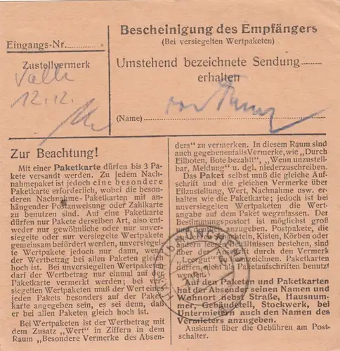Carte de paquet 1947: Olching, vêtements pour femmes par cheveux, carte de valeur