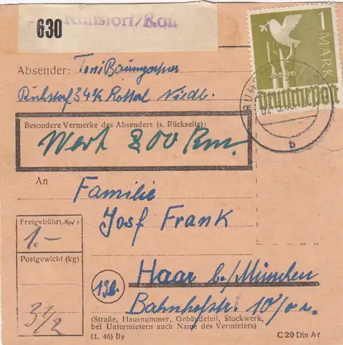 Paketkarte 1948: Ruhstorf nach Haar b. München, Wertkarte