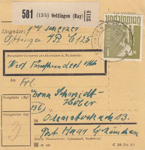 Carte de paquet 1948: Oettingen par cheveux, carte de valeur