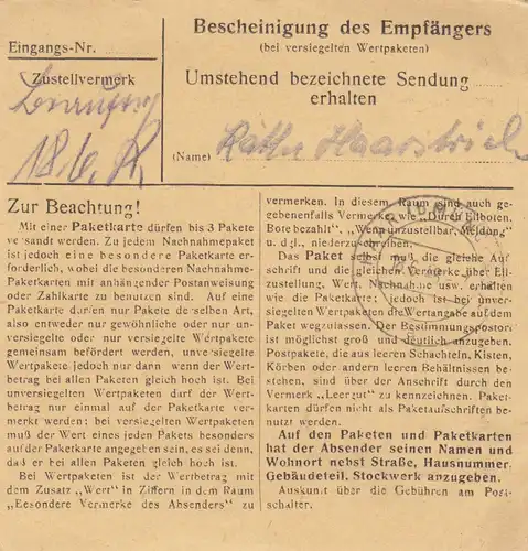 Paketkarte 1948: Oettingen nach Haar, Wertkarte