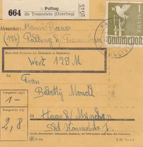 Paketkarte 1947: Palling nach Haar, Wertkarte
