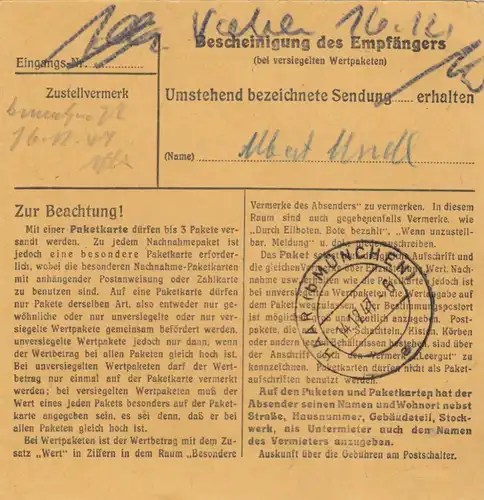 Carte de paquet 1947: Palling par cheveux, carte de valeur