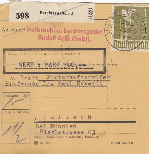 Paketkarte 1948: Berchtesgaden nach Pullach, Wertkarte
