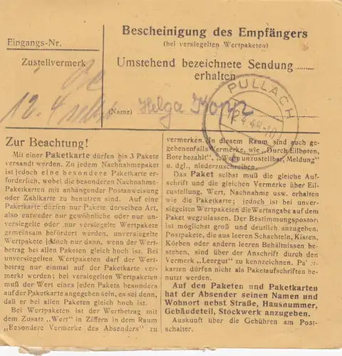 Carte de paquet 1948: Berchtesgaden après Pullach, carte de valeur