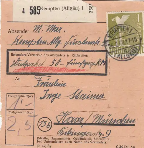 Carte de paquet 1948: Kempten par cheveux, carte de valeur