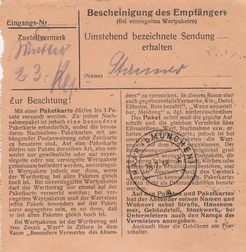Carte de paquet 1948: Kempten par cheveux, carte de valeur