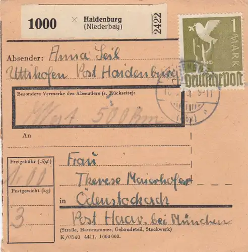 Paketkarte 1948: Uttigkofen nach Ödenstockach, Wertkarte