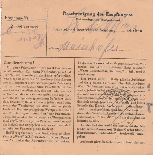 Carte de paquet 1948: Four Uttigköfer par Ödenstockach, carte de valeur