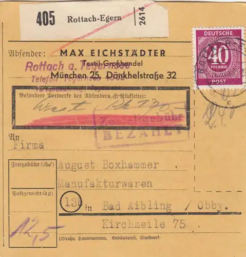 Paketkarte 1946: Rottach-Egern nach Bad Aibling, Selbstbucher, Wertkarte