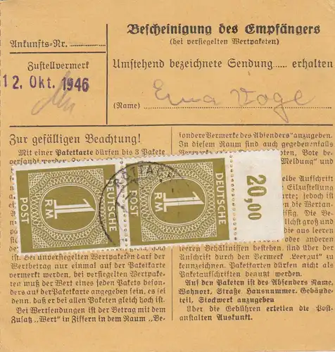 Paketkarte 1946: Rottach-Egern nach Bad Aibling, Selbstbucher, Wertkarte