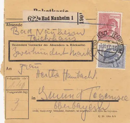 Paketkarte 1947: Bad Nauheim nach Gmung, Wertkarte