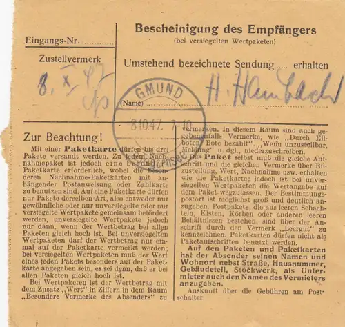 Carte de paquet 1947: Bad Nauheim vers Gmung, carte de valeur