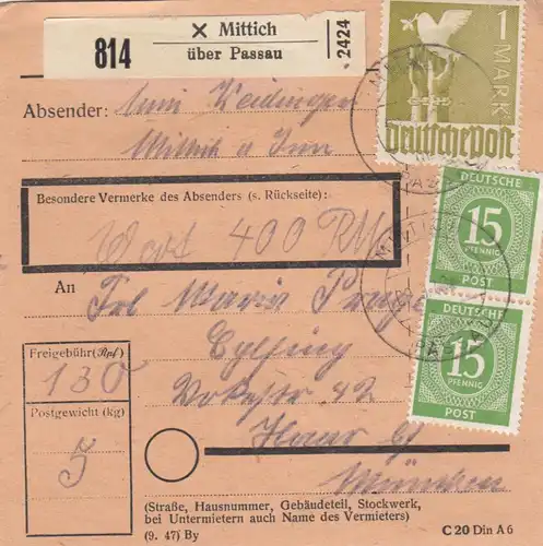 Carte de paquet 1948: Mittich par cheveux, carte de valeur