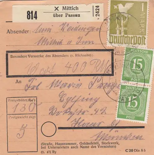 Paketkarte 1948: Mittich nach Haar, Wertkarte