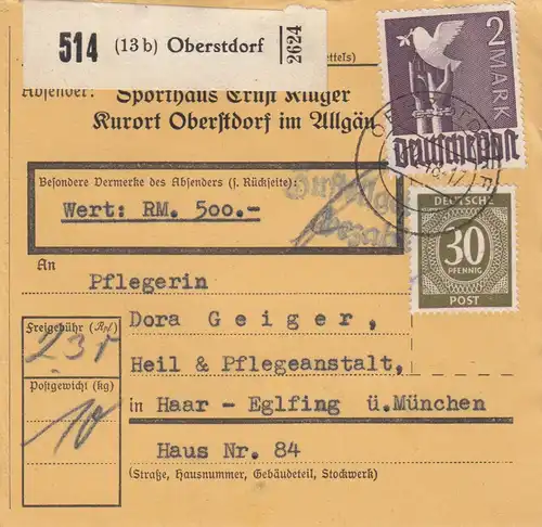 Paketkarte 1948: Sporthaus Oberstdorf nach Haar, Selbstbucher, Wertkarte