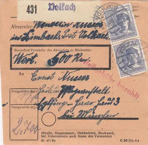 Paketkarte 1948: Limbach Post Volkach nach Eglfing, Pflegean., Wertkarte