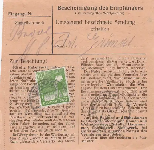 Paketkarte 1948: Limbach Post Volkach nach Eglfing, Pflegean., Wertkarte