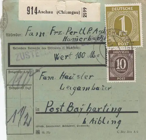 Paketkarte 1947: Aschau nach Bayharting, Wertkarte, besonderes Formular