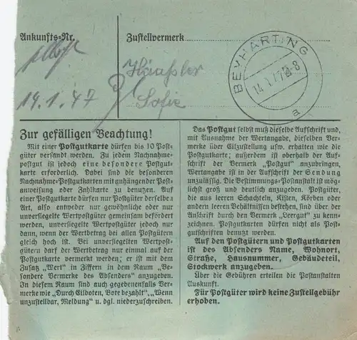 Carte de paquet 1947: Regardez Bayharting, carte de valeur, formulaire spécial