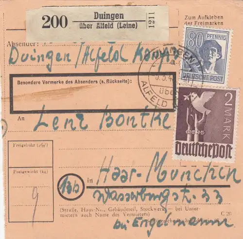 Carte de paquet 1948: Duingen sur Alfeld après les cheveux