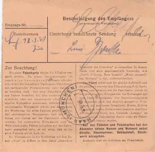 Paketkarte 1948: Duingen über Alfeld nach Haar