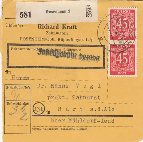 Carte de paquet 1948: Rosenheim, Dentiste après Hart a.d. Alz, Auto-bookeur