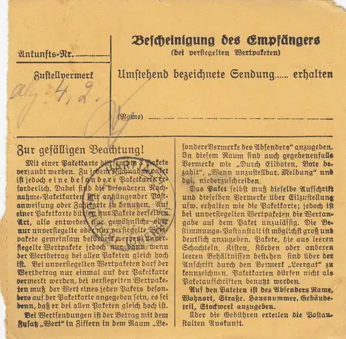 Paketkarte 1948: Rosenheim, Zahnwaren nach Hart a.d. Alz, Selbstbucher