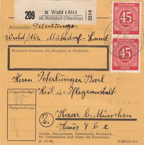 Carte de paquet 1948: Forêt de Mühldorf à Haar, asile de cure