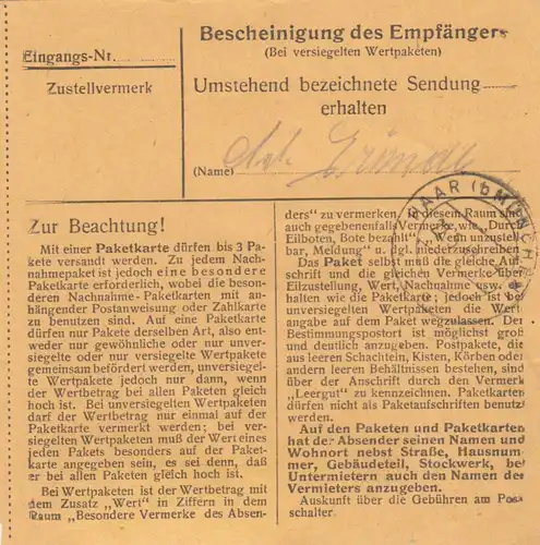Paketkarte 1948: Wald über Mühldorf nach Haar, Heilanstalt