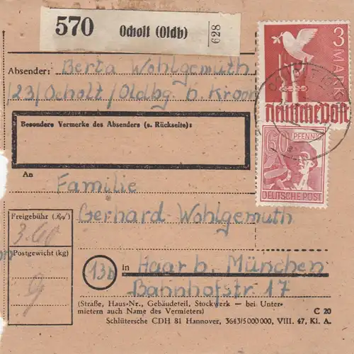 Carte de paquet 1948: Ocholt après Haar près de Munich