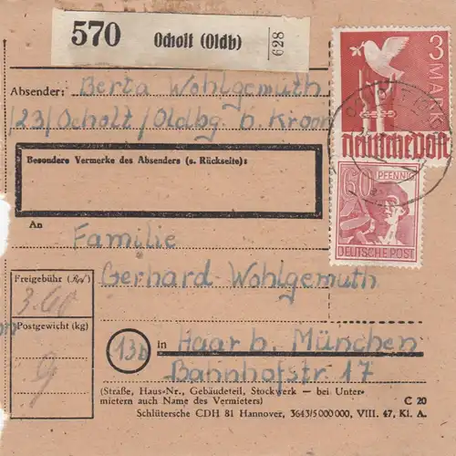 Paketkarte 1948: Ocholt nach Haar bei München