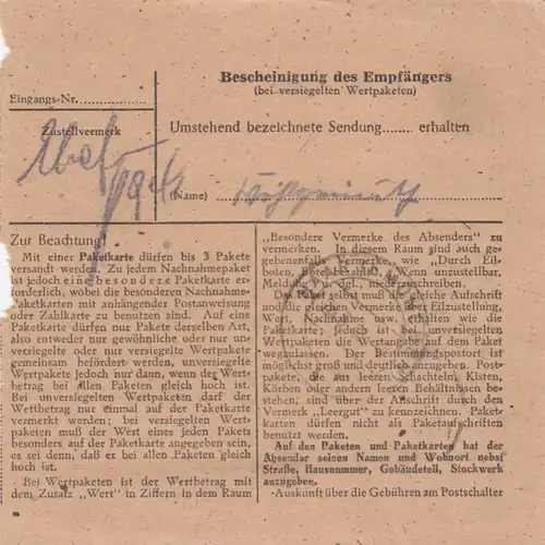 Paketkarte 1948: Ocholt nach Haar bei München