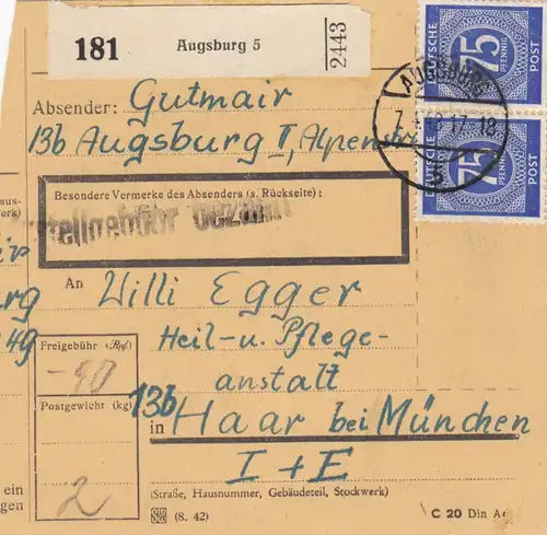 Carte de paquet 1948: Augsbourg 5 par Haar, asile