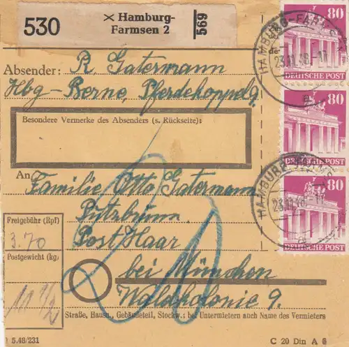 BiZone Paketkarte 1948: Hamburg-Farmsen nach Haar, Nachgebühr