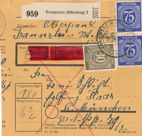 Paketkarte 1948: Traunstein nach Eglfing, durch Eilboten