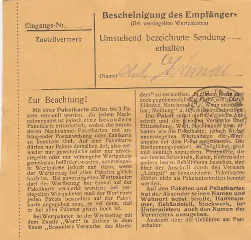 Carte de paquet 1948: Traunstein après Eglfing, par eilboten
