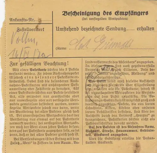 Carte de paquet 1948: Gunzenhausen vers Eglfing b.Munich
