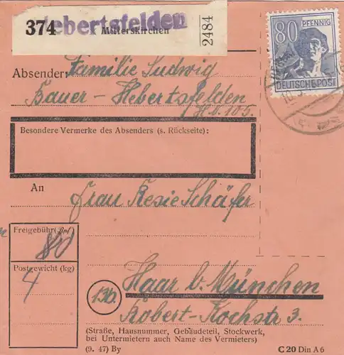 Paketkarte 1948: Hebertsfelden nach Haar bei München