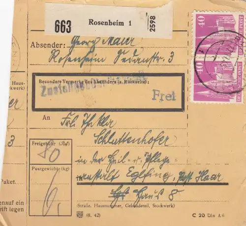BiZone Paketkarte 1948: Rosenheim nach Eglfing, Post Haar, Heilanstalt