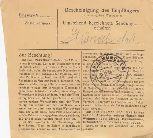 BiZone Paketkarte 1948: Rosenheim nach Eglfing, Post Haar, Heilanstalt