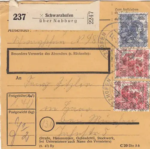 BiZone Paketkarte 1948: Schwarzhofen nach Haar bei München