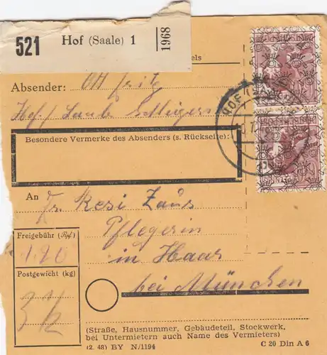 BiZone Paketkarte 1948: Hof Saale nach Haar, Pflegerin