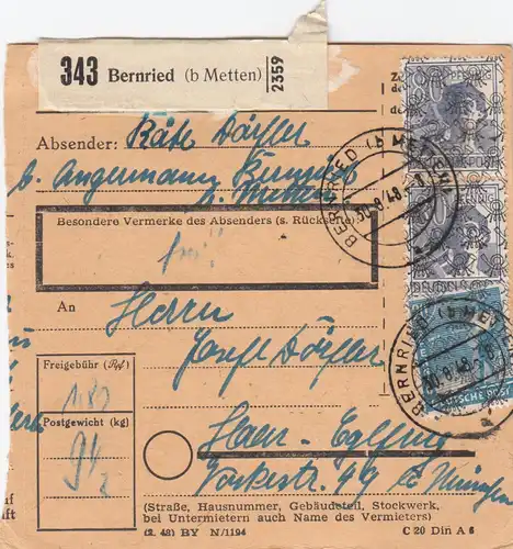 BiZone Paketkarte 1948: Bernried nach Haar-Eglfing