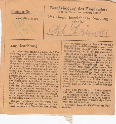 BiZone Paketkarte 1948: Bernried nach Haar-Eglfing