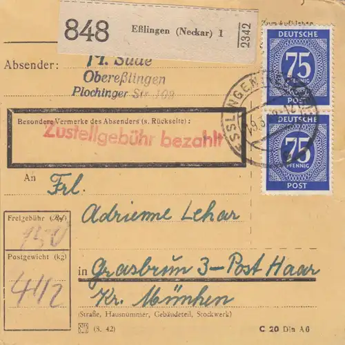 Paketkarte 1948: Oberesslingen nach Grasbrunn