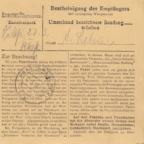Paketkarte 1948: Oberesslingen nach Grasbrunn